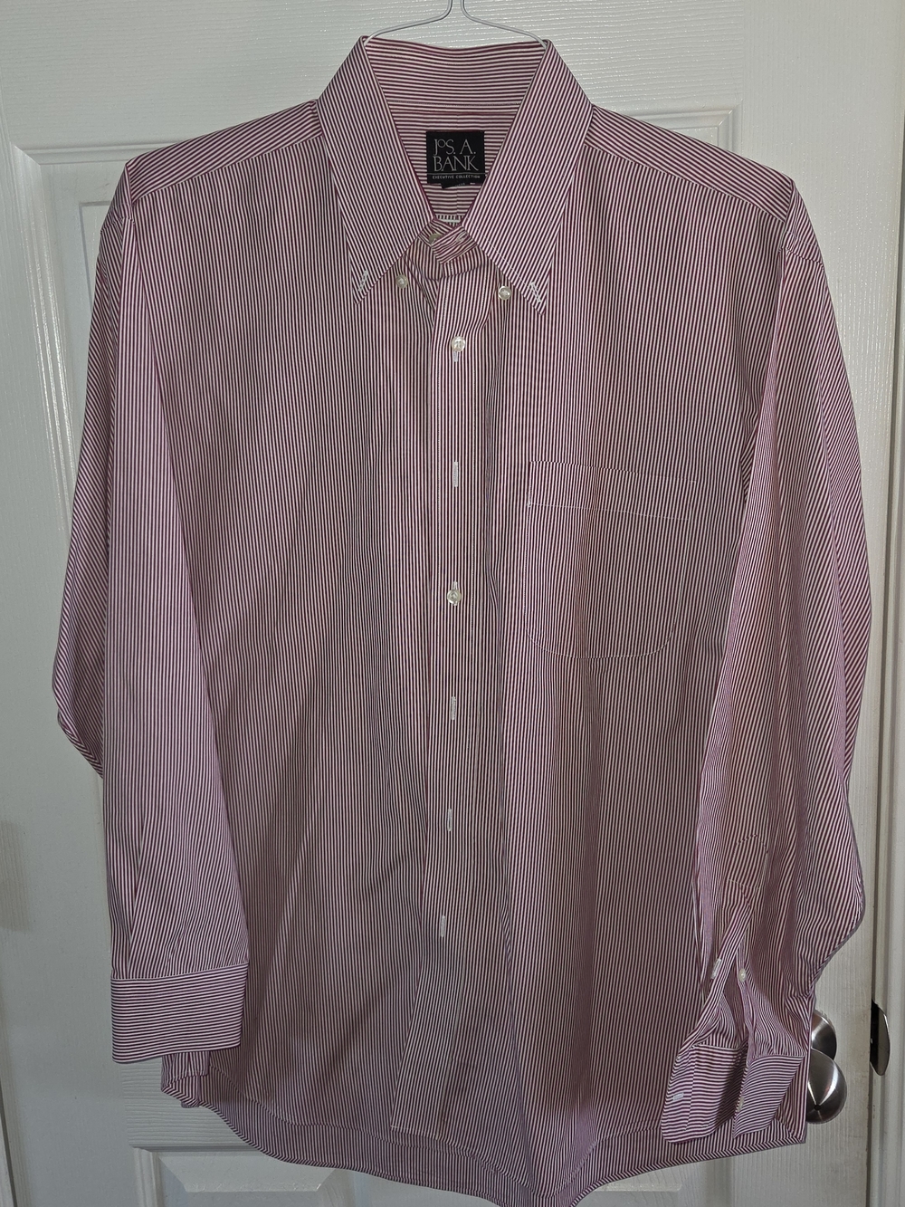 Jos. A. Bank Men's Maroon and White Micro-Stripe Button-Down Dress Shirt